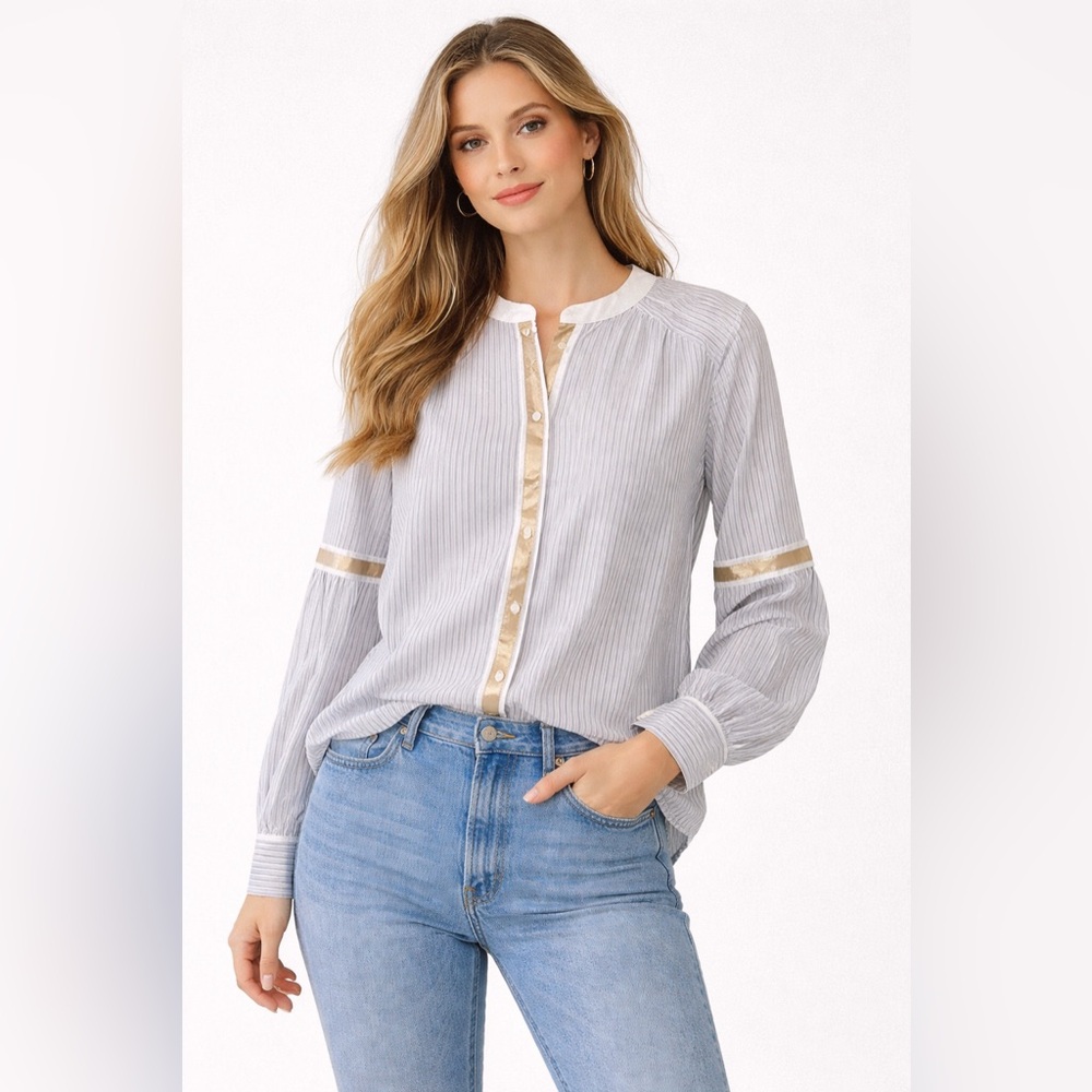 Free People Blue White Striped Button Down Blouse L Gold Trim Boho Top